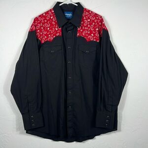 🔥 Vintage WRANGLER Pearl Snap Western Cowboy LS Shirt Black/Red Paisley XL - EU